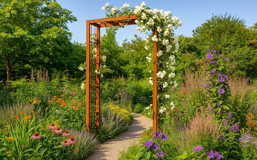 Romantische Gartengestaltung mit einem Metall-Rosenbogen